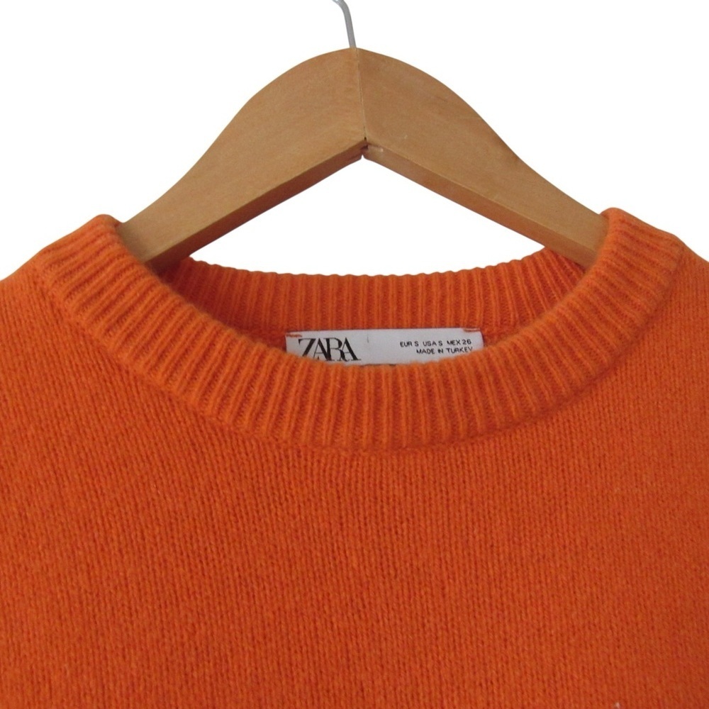 Zara Orange Cashmere Wool Sweater Small Crewneck Classic Colorful Preppy Knit - Picture 3 of 8